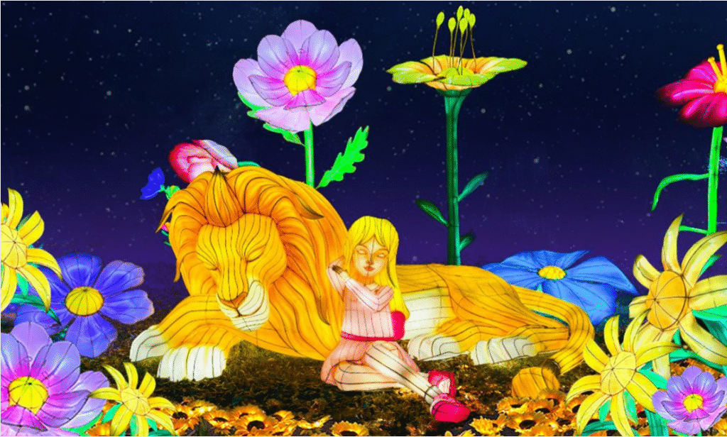 girl and lion light display at Imaginarium